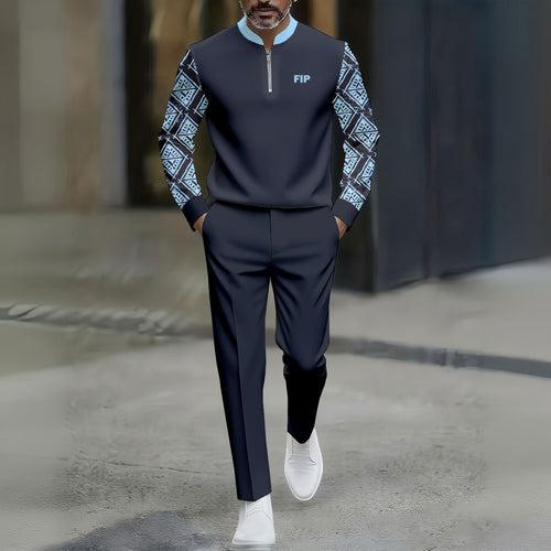 Men's Casual Dark Gray & Blue Color Matching Checked Printed Round-Neck Zipper Long Sleeved Trousers Two-Piece Set