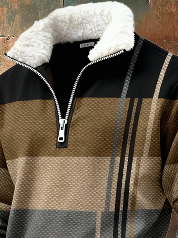 Men's Retro Color Block Print Casual Fur Collar Sweatshirt