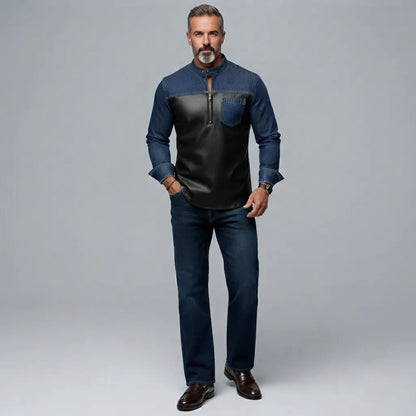 Men's Denim PU Leather Patchwork Stand Collar Half Zip Chest Pocket Slim Fit Shirt