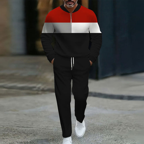 Men's Casual Black & Red Geometric Striped Printed Round Neck Zipper Long-Sleeve Sweatshirt & Pants Two-Piece Set