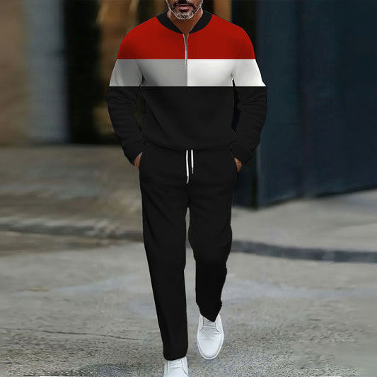 Men's Casual Black & Red Geometric Striped Printed Round Neck Zipper Long-Sleeve Sweatshirt & Pants Two-Piece Set