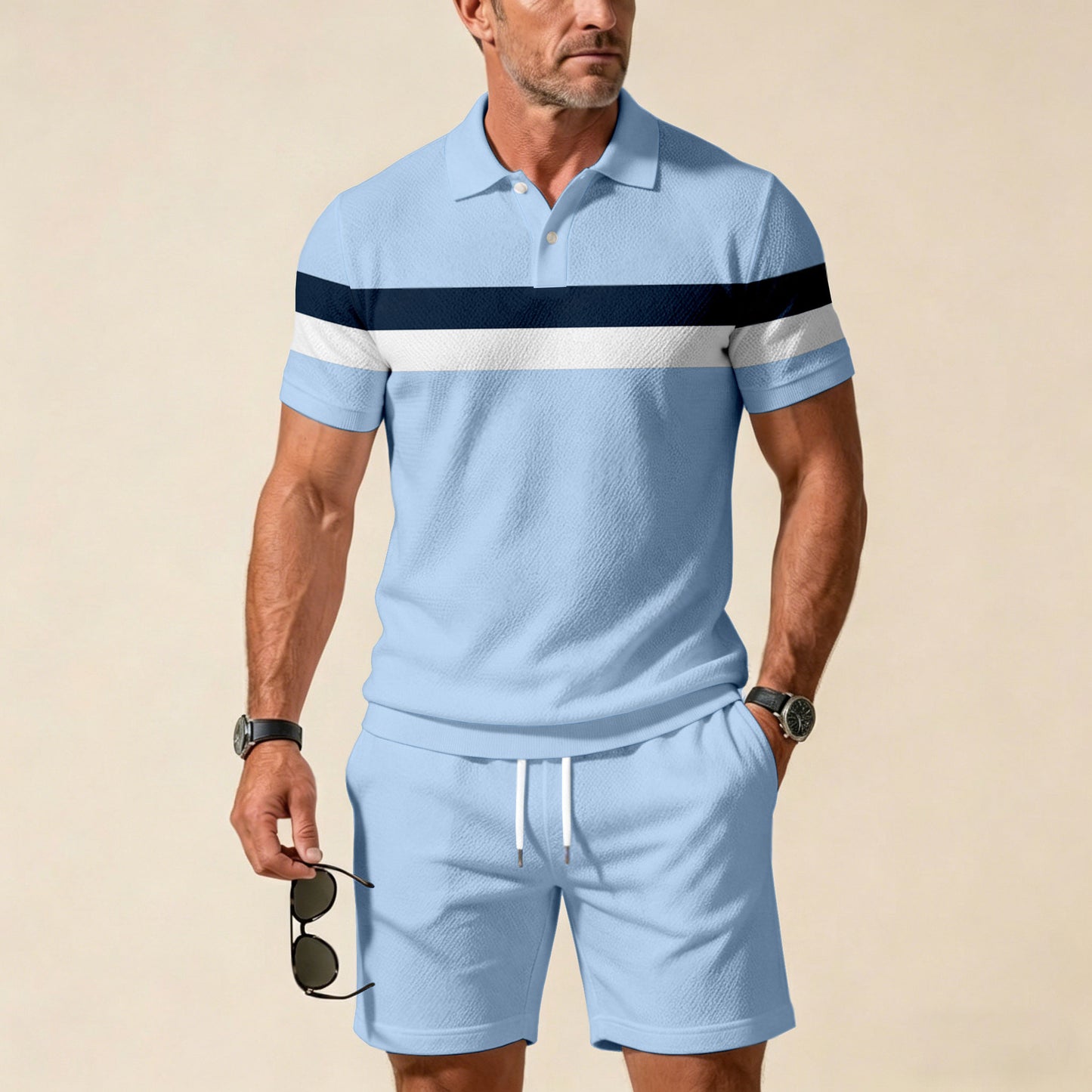 Men's Casual Sky Blue Geometric Pattern Color Matching Printed Short Sleeved Zipper Polo Shirt & Shorts Two-Piece Set
