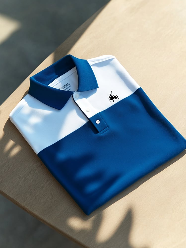 Men's Business Casual Blue and White Block Button Short Sleeve Polo Shirt