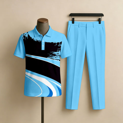 Men's Casual Blue & Black Smudge Printed Polo Short-Sleeve T-Shirt And Pants Two-Piece Set