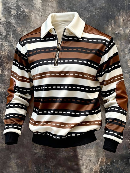 Men's Retro Color Block Print Color-Blocked Zip-Up Sweatshirt
