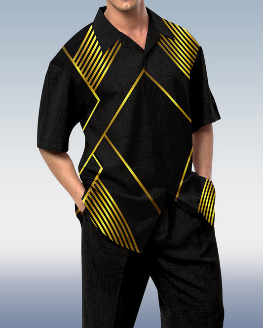 Men's striped printed short-sleeved shirt walking suit 865