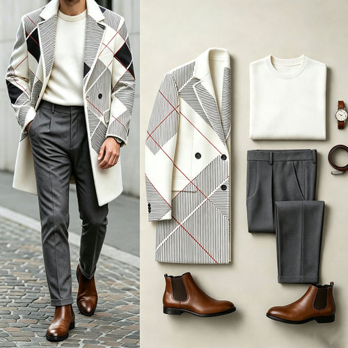 Men's Three-Piece Set: Mid-Length Wool Coat, Crew-Neck Sweater, and Flowy Dress Pants