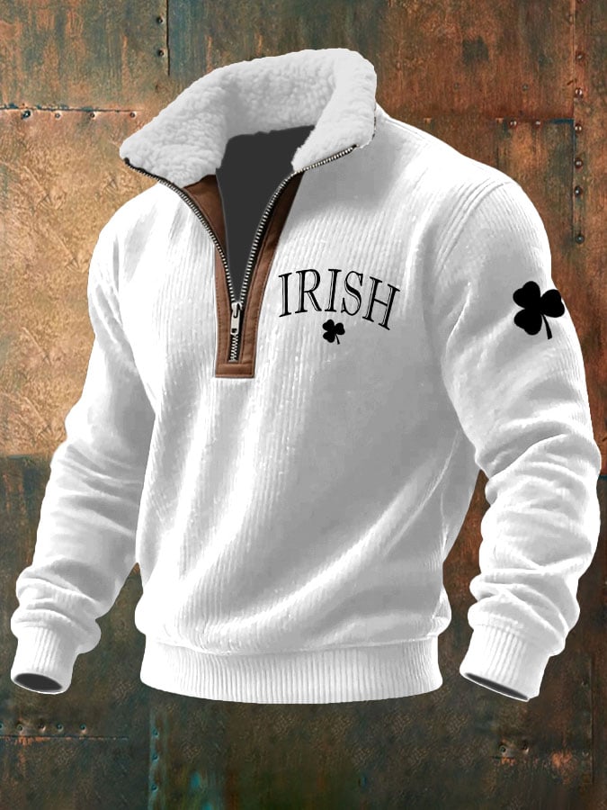 Men's St. Patrick's Day Printed Knitted Fabric Zipper Fur Collar Sweatshirt