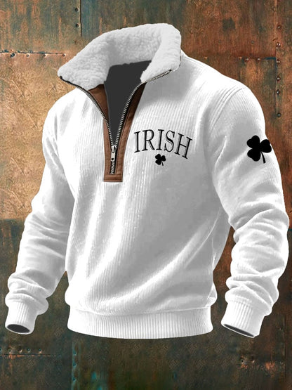 Men's St. Patrick's Day Printed Knitted Fabric Zipper Fur Collar Sweatshirt