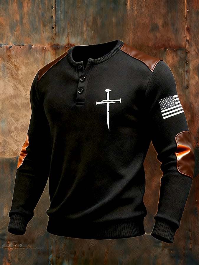 Men's Cross Flag Print Henley Collar Shirt