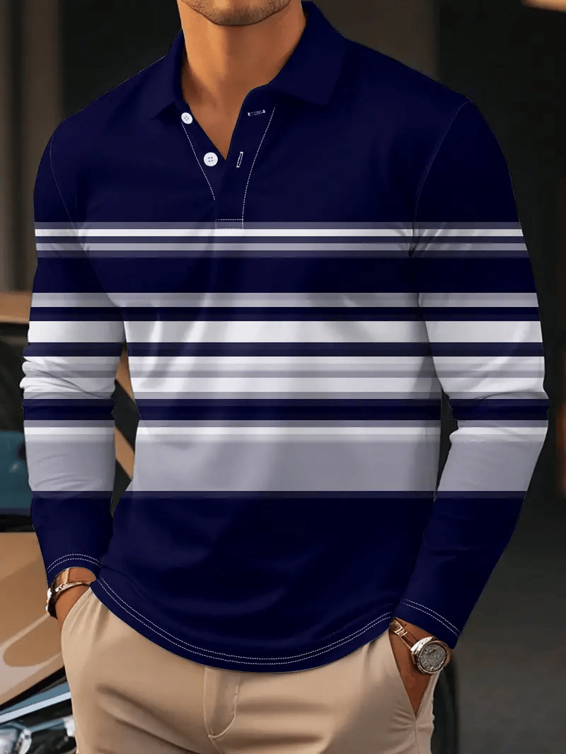 Men's Retro Business Stripe Print Long Sleeve POLO Shirt