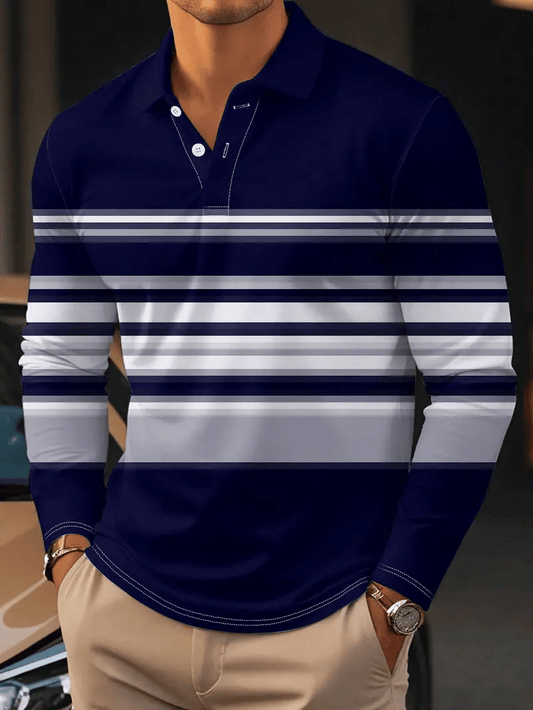 Men's Retro Business Stripe Print Long Sleeve POLO Shirt