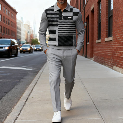 Men's Casual Black & Gray Color Matching Geometric Printed Polo-Collar Zipper Long Sleeved Trousers Two-Piece Set