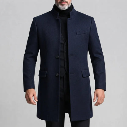 Men's Smart Casual Solid Stand Collar Single Breasted Long Sleeve Mid Length Woolen Coat