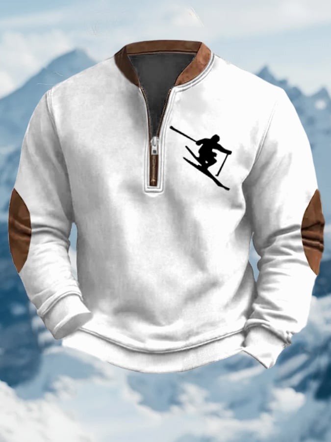 Men's Vintage Apres-Ski Design Printed Zip Collar Sweatshirt