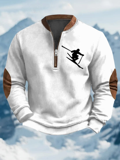 Men's Vintage Apres-Ski Design Printed Zip Collar Sweatshirt