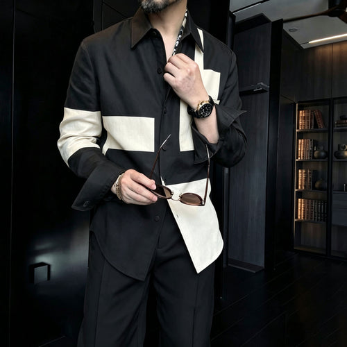 Men's Casual Black-and-White Block-Print Collared Long-Sleeve Shirt and Pants Two-Piece Set