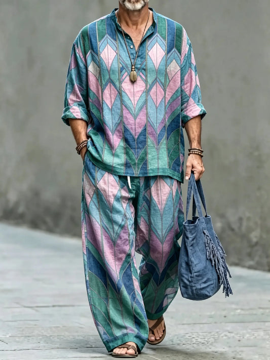 Men's Vintage Abstract Art Printed Cotton Shirt Set (Top & Pants)