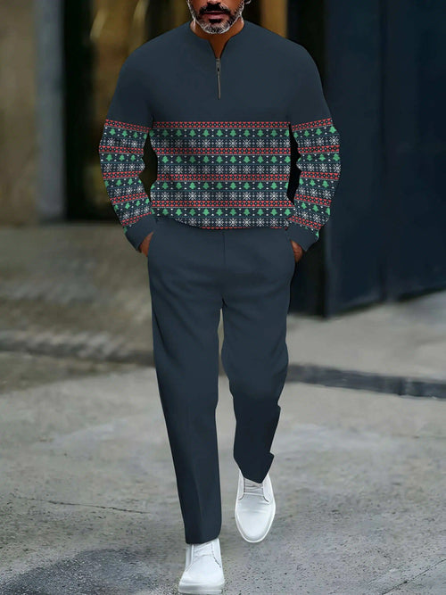 Men's Casual Navy & Green Color Matching Christmas Printed Round-Neck Zipper Long Sleeved Sweatshirt & Trousers Two-Piece Set