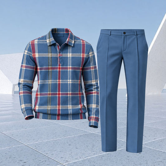 Men's Colorful Checkered Print Polo Shirt and Pants Two-Piece Set