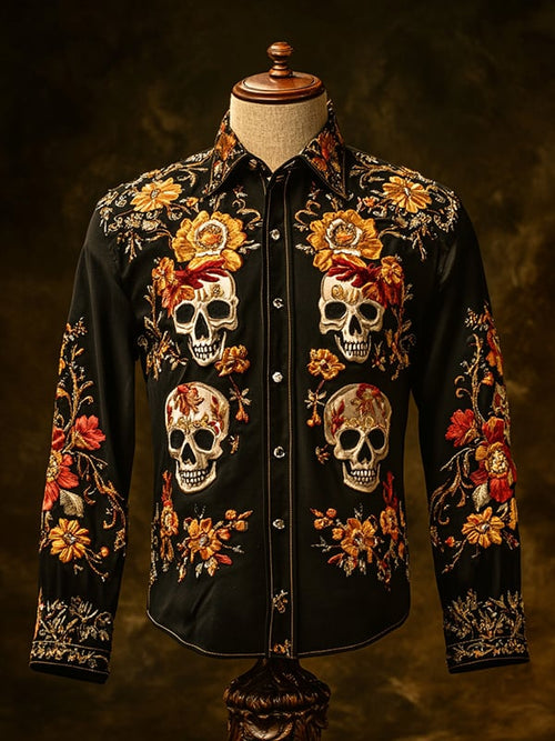 Men's Retro Casual Skull Print Long Sleeve Shirt