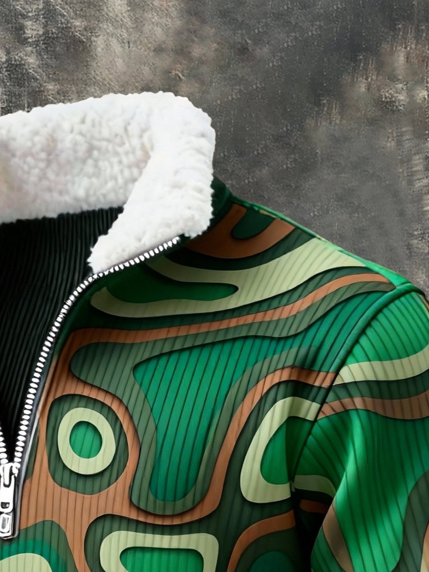 Men's Retro Color Block Print Fur Collar Sweatshirt