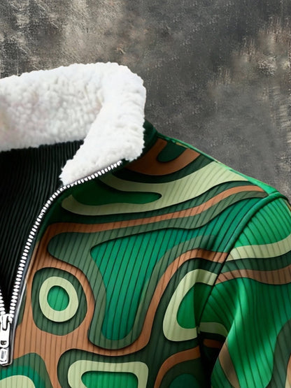 Men's Retro Color Block Print Fur Collar Sweatshirt