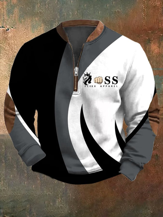 Men's Retro Letter Design Printed Casual Zipper Collar Long-Sleeved Sweatshirt