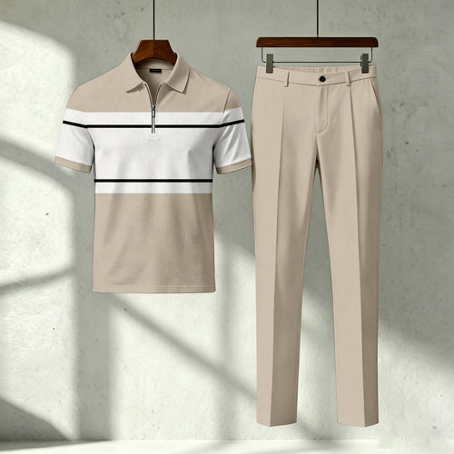 Men's Casual Apricot Geometry Printed Polo Short-Sleeve T-Shirt And Pants Two-Piece Set