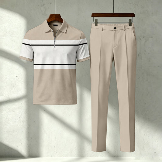 Men's Casual Apricot Geometry Printed Polo Short-Sleeve T-Shirt And Pants Two-Piece Set