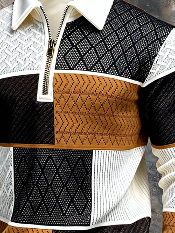 Men's Retro Color Block Print Color-Blocked Zip-Up Sweatshirt