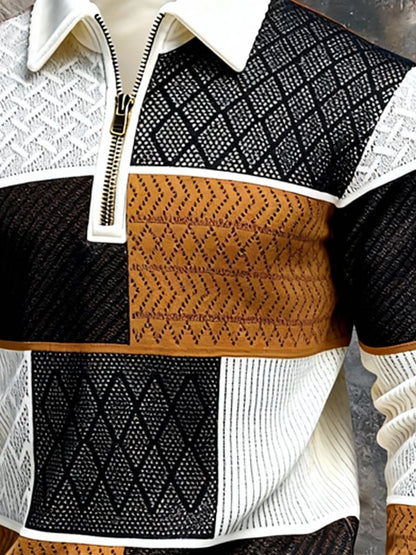 Men's Retro Color Block Print Color-Blocked Zip-Up Sweatshirt