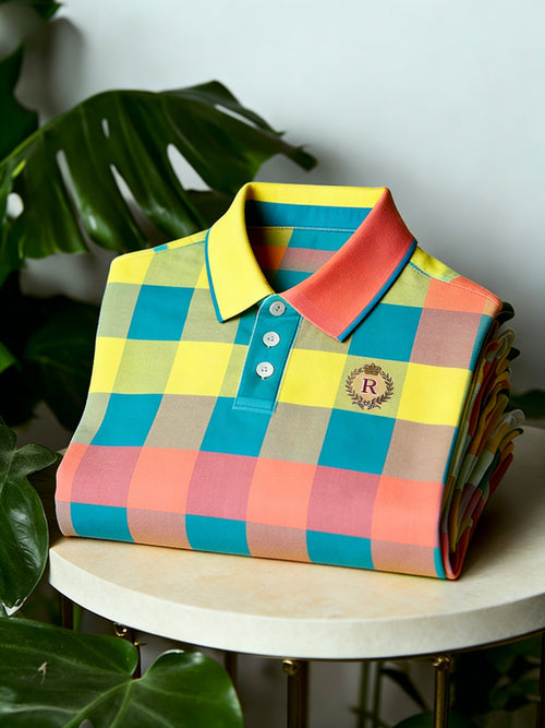 Men's Business Casual Button Short Sleeve Classic Plaid Polo Shirt