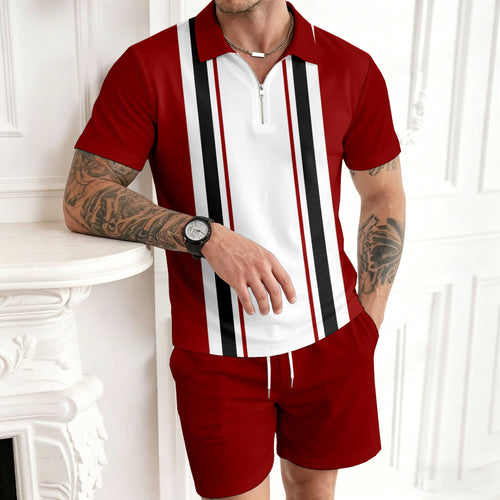 Men's Casual Red & White Geometric Color Matching Printed Short Sleeved Zipper Polo Shirt & Shorts Two-Piece Set