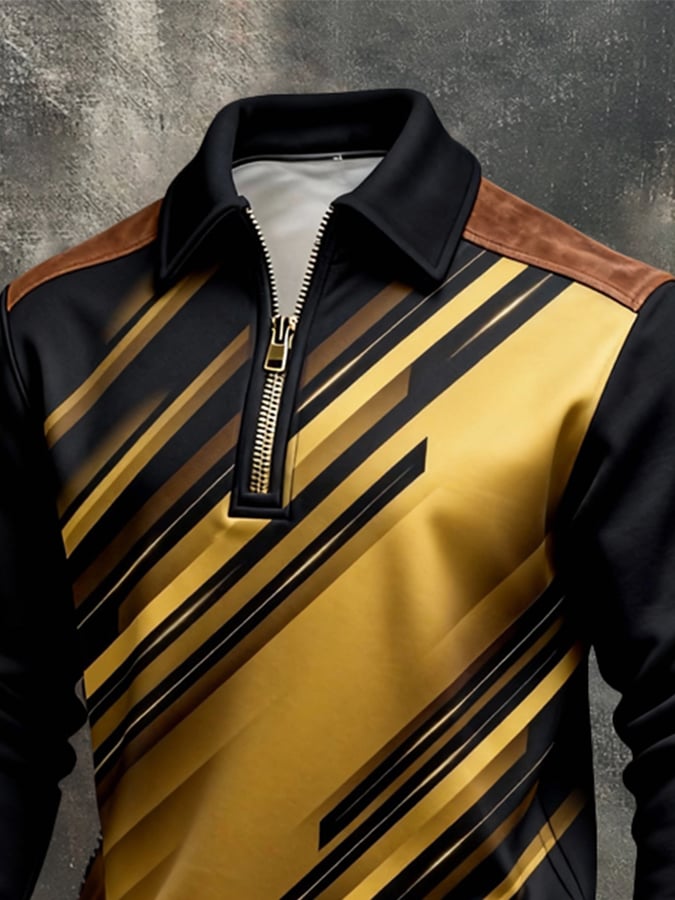 Men's Retro Color Block Print Color-Blocked Zip-Up Sweatshirt