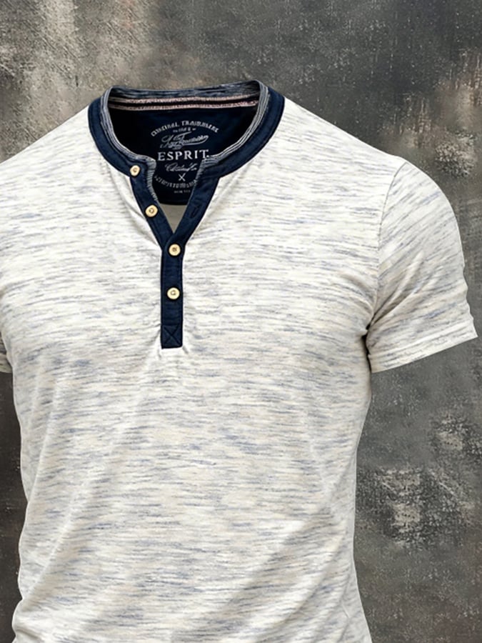 Men's Retro Color Block Double-Layer Henley Collar Short-Sleeve Top