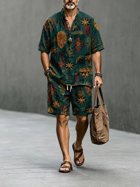 Men's African Tribal Mask Print Half Button Shirt Shorts 2pcs Set