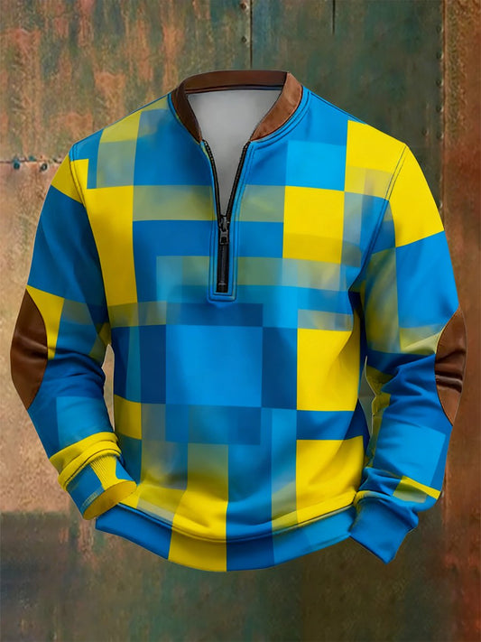 Men's Retro Bauhaus Geometric Style Print Quarter Zip Sweatshirt