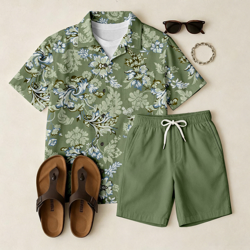 Men's Casual Light Green Short-Sleeve Shirt And Printed Shorts Two-Piece Set