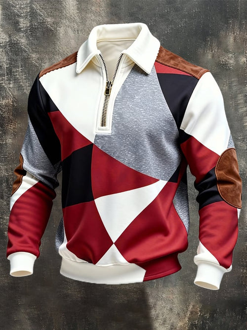 Men's Retro Color Block Print Zipper Sweatshirt