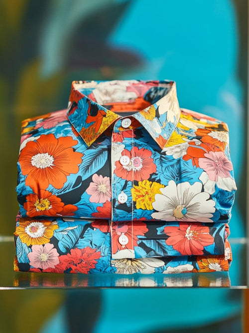 Mens Satin Luxe Hawaiian Colorful Floral Short Sleeve Button Down Shirt