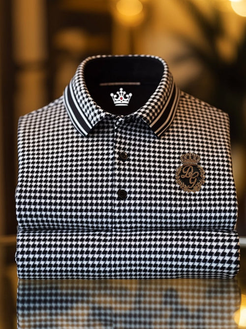 Men's Classic Business Check Logo Button Short Sleeve Polo Shirt