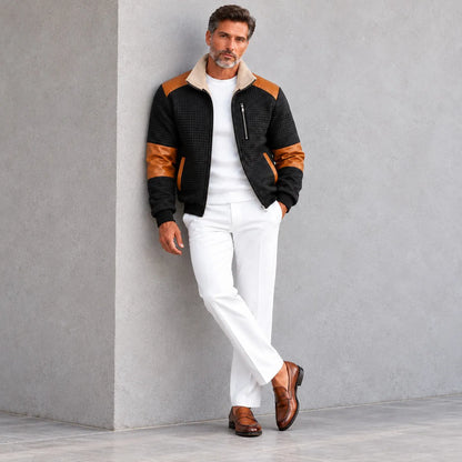 Men's Colorblock Patchwork Fleece Lined Stand Collar Quilted Zipper Bomber Jacket