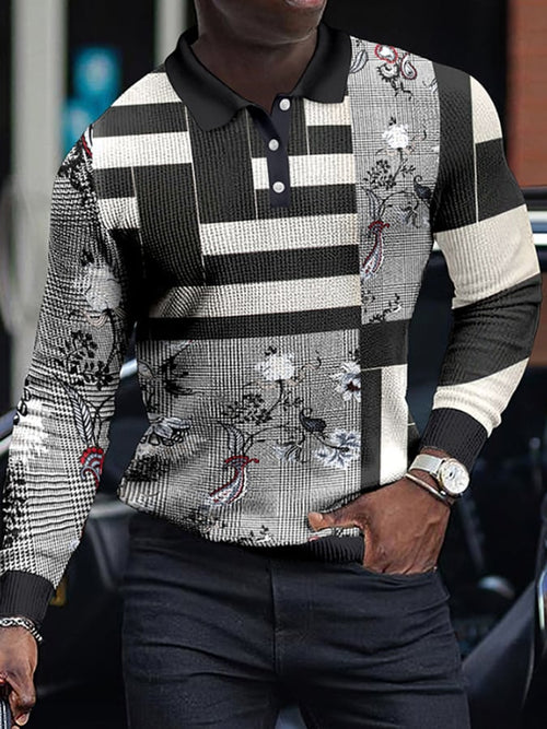 Colorblocked Stripe Casual Waffle Long Sleeved Men'S Polo Shirt