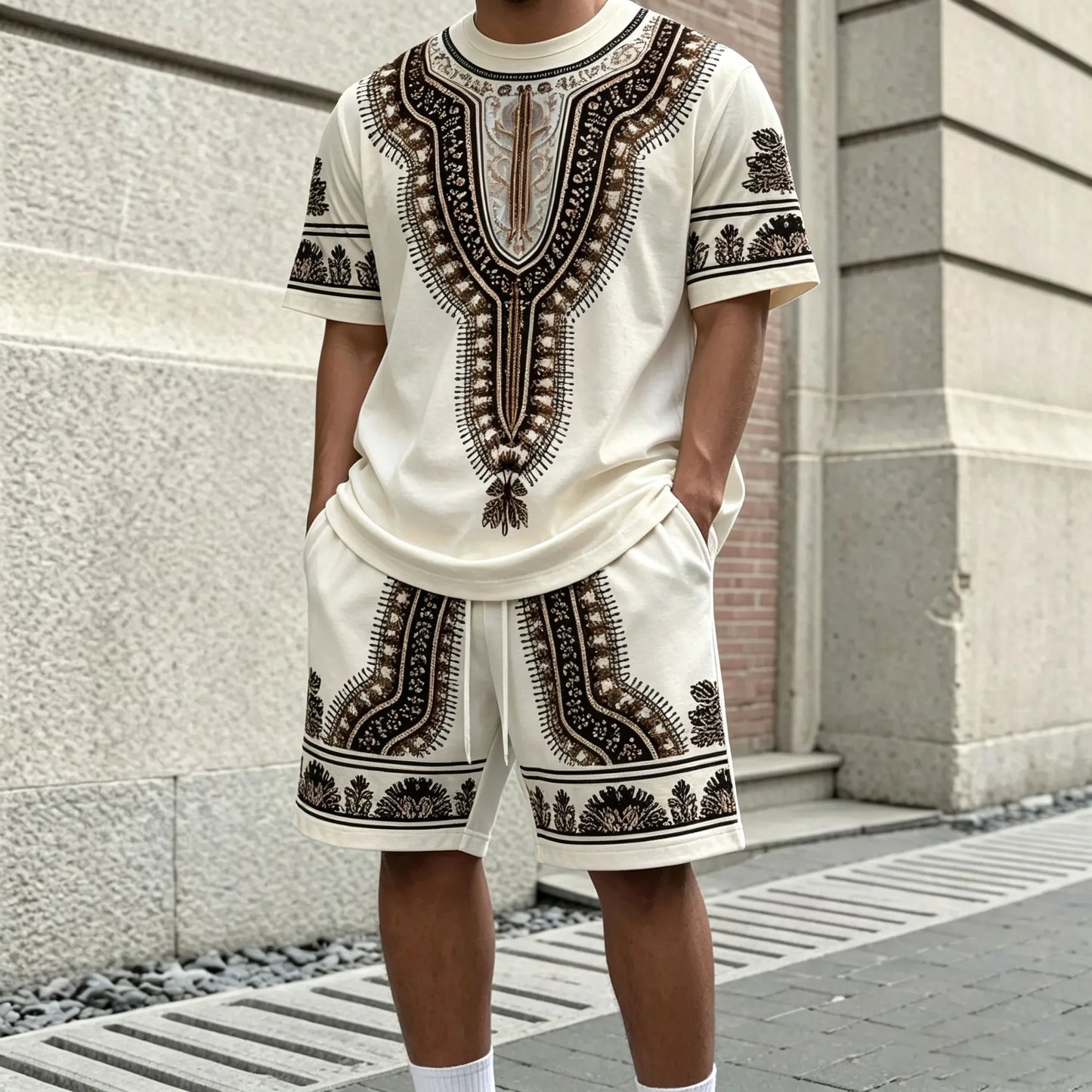 Men's Symmetrical Print Crew-Neck Short-Sleeve T-Shirt and Shorts Set