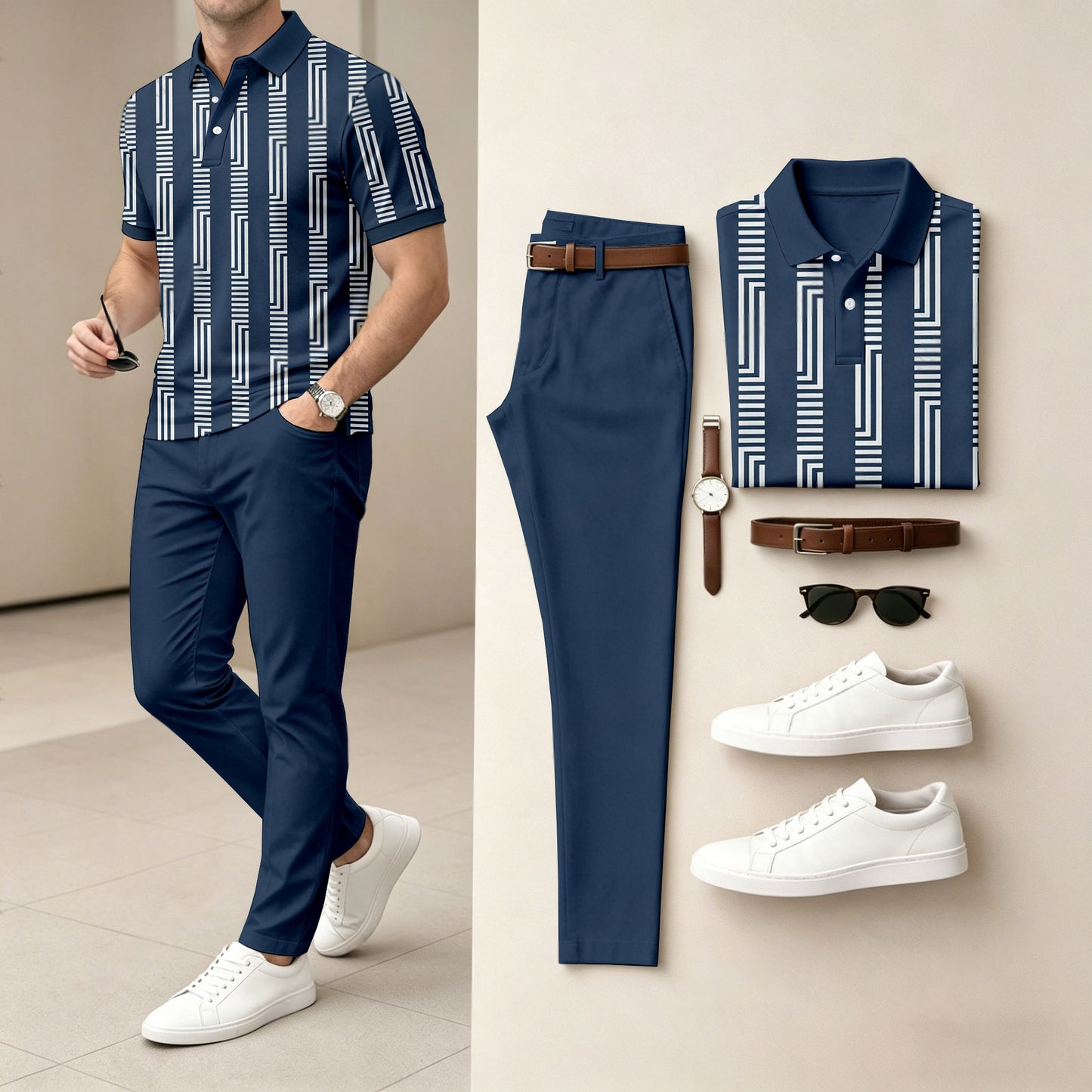 Men's Casual Navy Blue Printed Polo Shirt And Pants Two-Piece Set