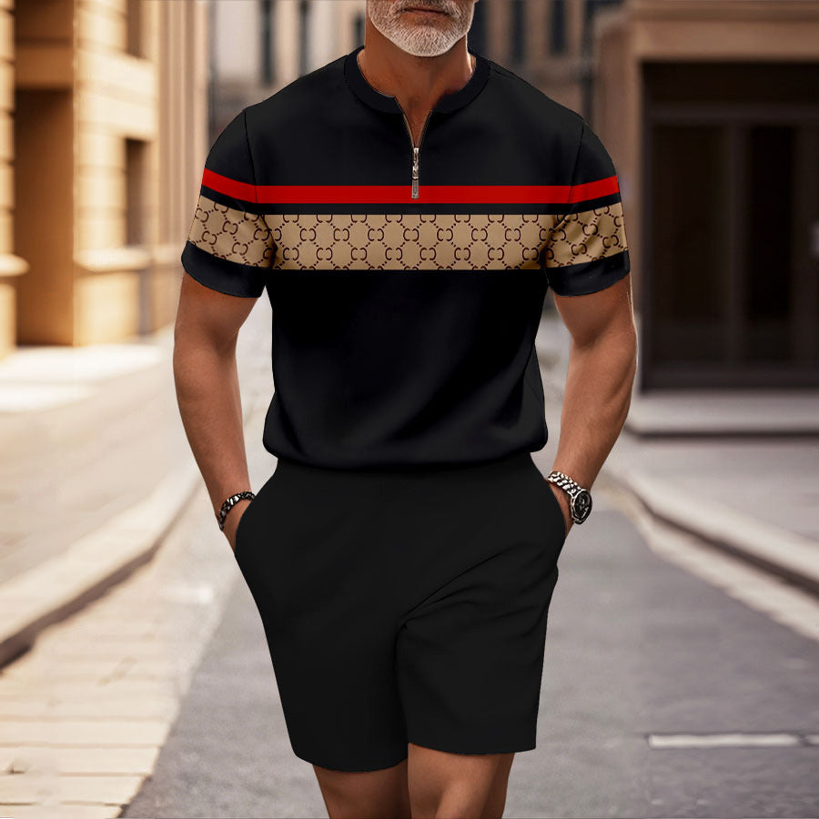 Men's Casual Black Plaid Half-Zip Short-Sleeved Shirt And Shorts Two-Piece Set