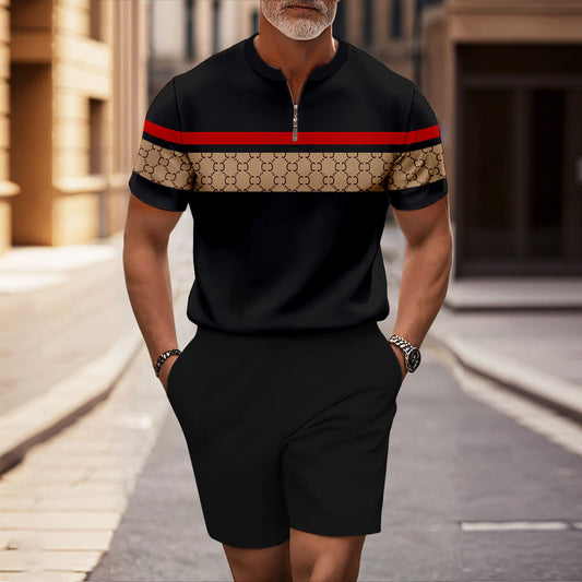 Men's Casual Black Plaid Half-Zip Short-Sleeved Shirt And Shorts Two-Piece Set