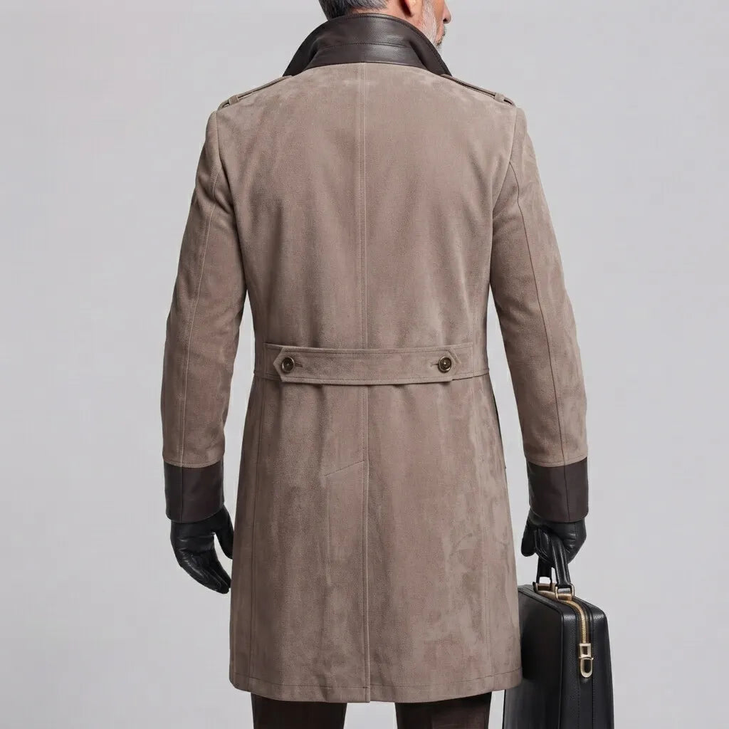 Men's Classic Khaki Contrast Lapel Collar PU Leather Trim Suede Trench Coat