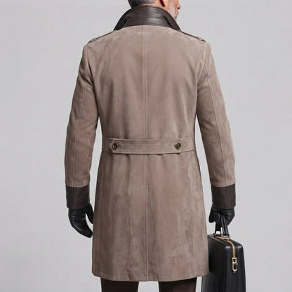 Men's Classic Khaki Contrast Lapel Collar PU Leather Trim Suede Trench Coat